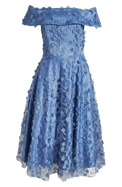 Eliza J Petite 3d Floating Flowers Off-the-shoulder Midi Dress In Slate