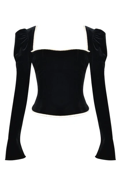 House Of Cb Noa Puff Shoulder Velvet Top In Black