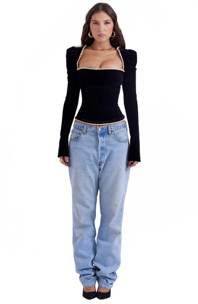 House Of Cb Noa Puff Shoulder Velvet Top In Black