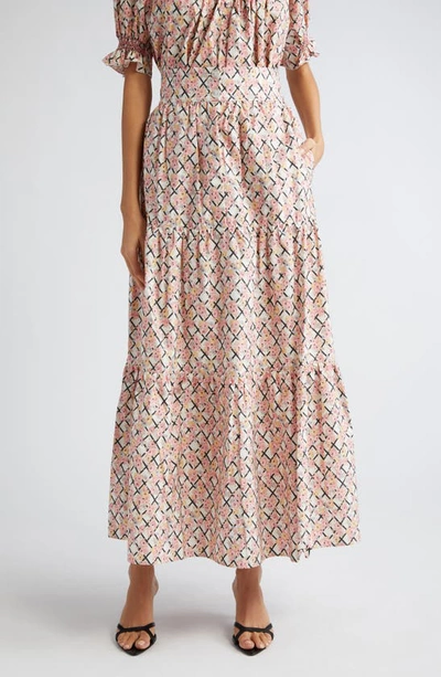Shop Loretta Caponi Nuvola Floral Tiered Crepe Maxi Skirt In Pergola Of Roses