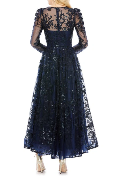 Shop Mac Duggal Sequin Floral Long Sleeve Tulle Midi Dress In Navy