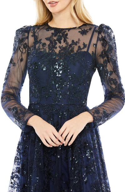 Shop Mac Duggal Sequin Floral Long Sleeve Tulle Midi Dress In Navy