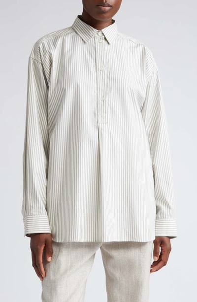 Shop Totême Boxy Fit Stripe Organic Cotton Oxford Popover Shirt In Olive/ Ecru