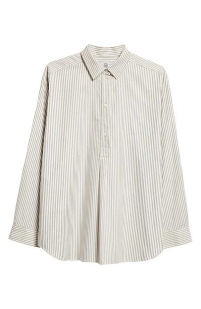 Shop Totême Boxy Fit Stripe Organic Cotton Oxford Popover Shirt In Olive/ Ecru
