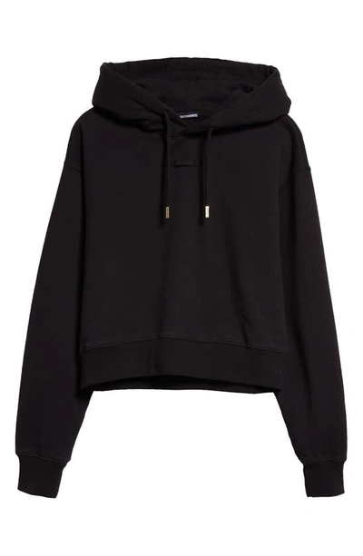 Jacquemus Le Grosgrain Logo Cotton Fleece Crop Hoodie In Black