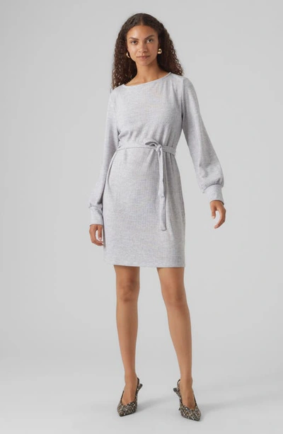 Shop Vero Moda Otea Long Sleeve Tie Waist Dress In Light Grey Melange