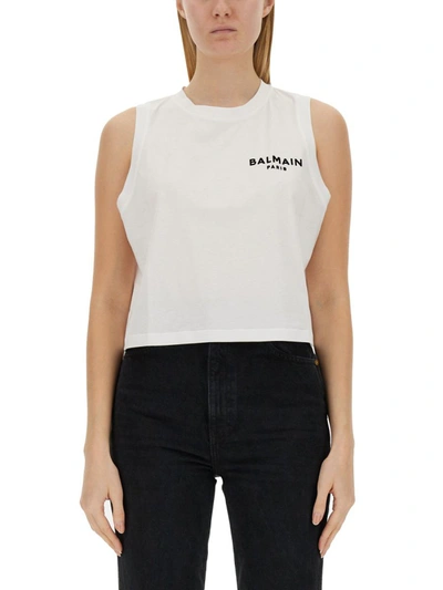 Shop Balmain Tank Top With Logo In White