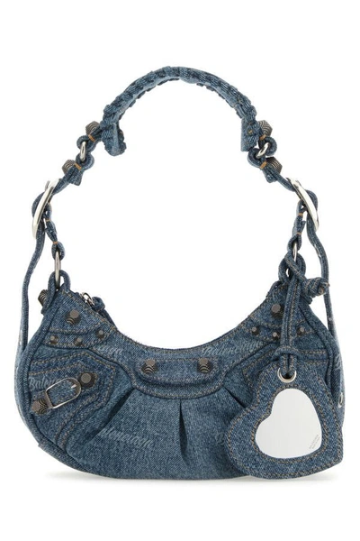 Shop Balenciaga Woman Embroidered Denim Le Cagole Xs Shoulder Bag In Blue