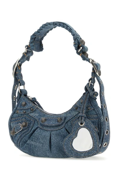 Shop Balenciaga Woman Embroidered Denim Le Cagole Xs Shoulder Bag In Blue