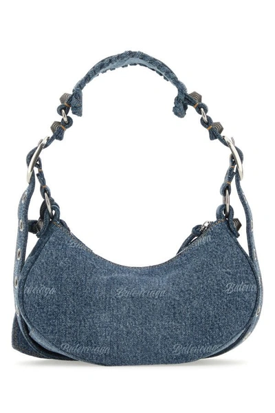 Shop Balenciaga Woman Embroidered Denim Le Cagole Xs Shoulder Bag In Blue