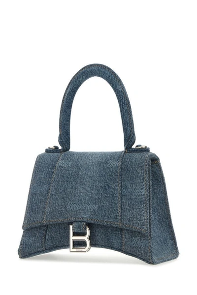 Shop Balenciaga Woman Embroidered Denim Small Hourglass Handbag In Blue