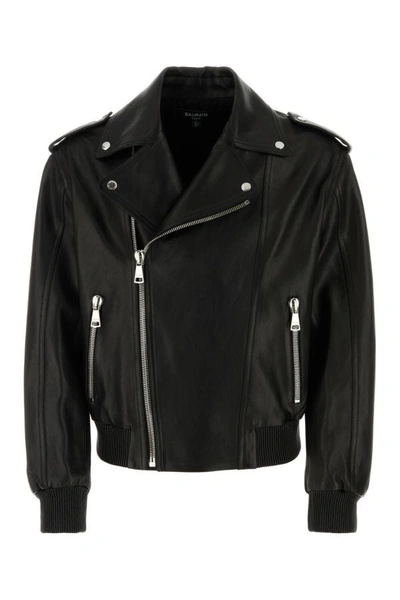 Shop Balmain Man Black Leather Bomber Jacket