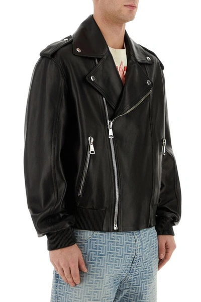 Shop Balmain Man Black Leather Bomber Jacket