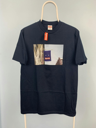 Supreme banner cheap tee navy