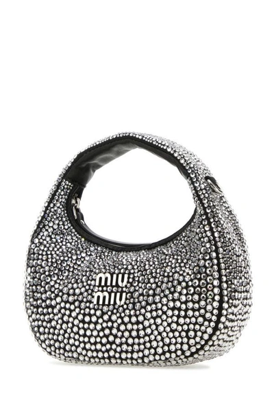 Shop Miu Miu Woman Embellished Satin Hobo Wander Handbag In Silver