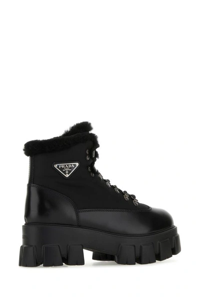 Shop Prada Woman Black Leather And Nylon Monolith Ankle Boots