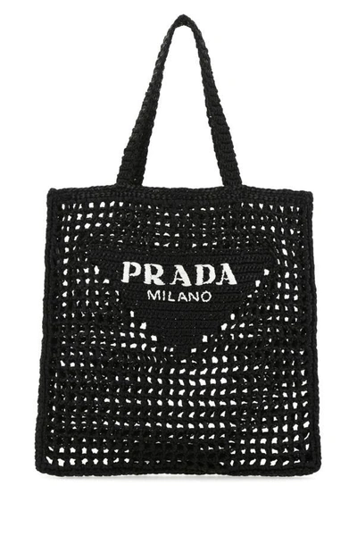 Shop Prada Woman Black Raffia Shopping Bag