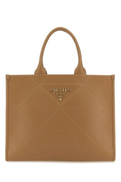 Shop Prada Woman Camel Leather Shopping Bag In Brown