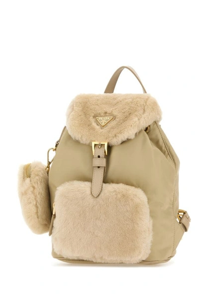 Shop Prada Woman Sand Re-nylon And Shearling Medium Backpack In Brown