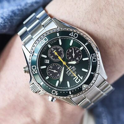 Pre-owned Orient Mako Solar Panda Rn-tx0204e Made In Japan Chronograph Men Watch Green