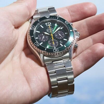 Pre-owned Orient Mako Solar Panda Rn-tx0204e Made In Japan Chronograph Men Watch Green