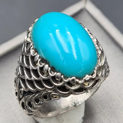 Pre-owned Clean Beautiful  Blue Dark Feroza Ring Deep Color Natural Mens Turquoise Stone
