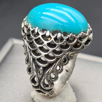 Pre-owned Clean Beautiful  Blue Dark Feroza Ring Deep Color Natural Mens Turquoise Stone