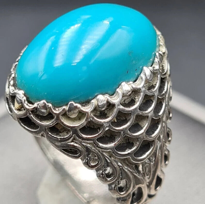 Pre-owned Clean Beautiful  Blue Dark Feroza Ring Deep Color Natural Mens Turquoise Stone
