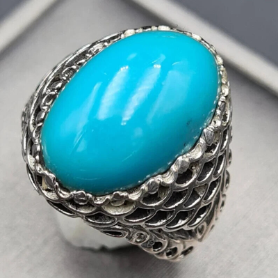 Pre-owned Clean Beautiful  Blue Dark Feroza Ring Deep Color Natural Mens Turquoise Stone