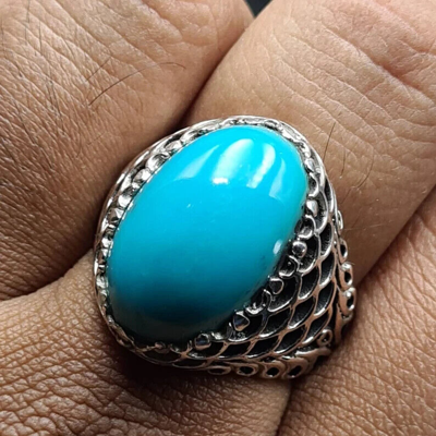 Pre-owned Clean Beautiful  Blue Dark Feroza Ring Deep Color Natural Mens Turquoise Stone
