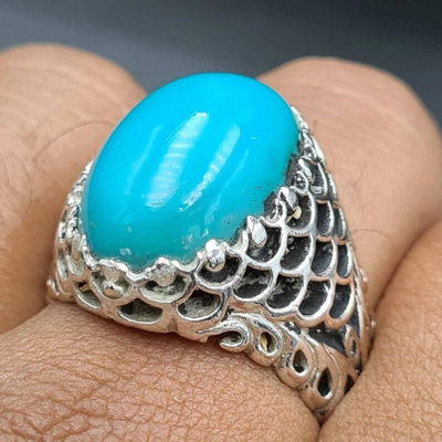 Pre-owned Clean Beautiful  Blue Dark Feroza Ring Deep Color Natural Mens Turquoise Stone