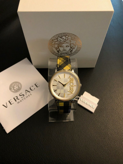 Pre-owned Versace $695  Women's V-circle Clans Edition Yellow Plaid Swiss Watch Ve8100118