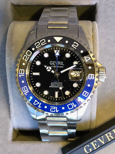 Pre-owned Gevril $3995  Men's Wall Street Gmt Ceramic Bezel 43mm Auto Swiss Watch 4950a