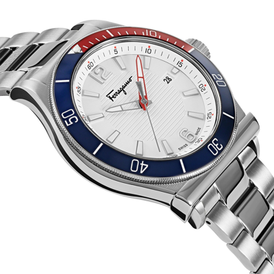Pre-owned Ferragamo $1095 Salvatore  Men's Blue/red Bezel 43mm Swiss Made Watch Sfyk00520