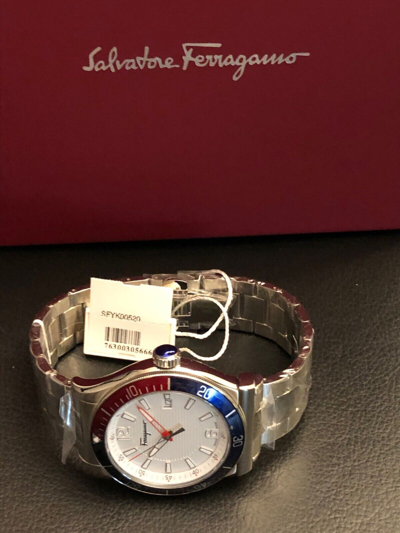 Pre-owned Ferragamo $1095 Salvatore  Men's Blue/red Bezel 43mm Swiss Made Watch Sfyk00520