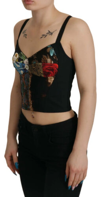 Pre-owned Dolce & Gabbana Dolce&gabbana Women Black Corset Top Polyamide Floral Stretch Zip Cropped Blouse