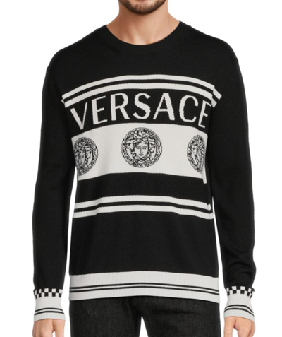 Pre-owned Versace Medusa Logo Wool Knit Sweater Black 40 Us (50 Eu) Italy A86467