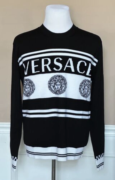 Pre-owned Versace Medusa Logo Wool Knit Sweater Black 40 Us (50 Eu) Italy A86467