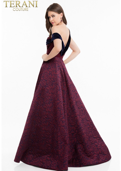Pre-owned Terani Couture Mother Of The Bride 1821m7585 A-line Brocade Gown Msrp$898 In Wine Navy