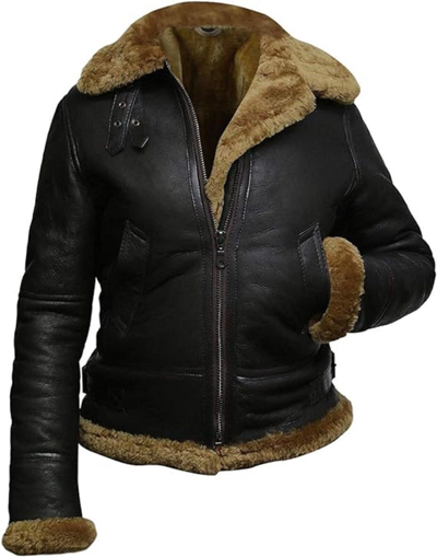 Pre-owned Bomber Women's Raf B3  Black Aviator Pilot Flying Real Leather Shearling Jacket