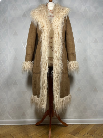 Pre-owned Penny Lane Styled 70's Coat Afghan Real Suede & Mongolian Faux Fur Trimmed Coat In Brown