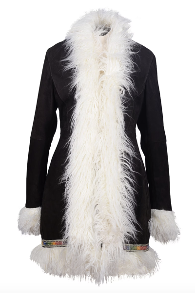 Pre-owned Penny Lane Styled 70's Coat Afghan Real Suede & Mongolian Faux Fur Trimmed Coat In Black