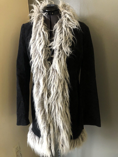 Pre-owned Penny Lane Styled 70's Coat Black Afghan Real Suede & Faux Fur Trimmed Coat