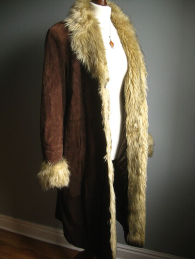 Pre-owned Penny Lane Styled 70's Coat Afghan Real Suede & Mongolian Faux Fur Trimmed Coat. In Brown