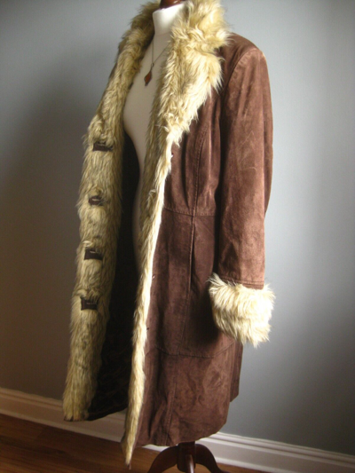 Pre-owned Penny Lane Styled 70's Coat Afghan Real Suede & Mongolian Faux Fur Trimmed Coat. In Brown