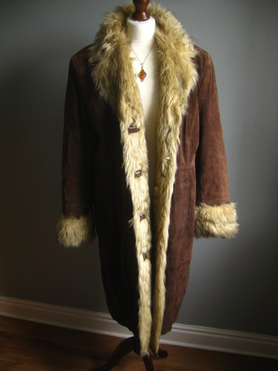 Pre-owned Penny Lane Styled 70's Coat Afghan Real Suede & Mongolian Faux Fur Trimmed Coat. In Brown