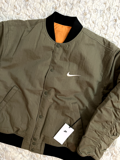 Pre-owned Nike Stüssy &  M Reversible Varsity Jacket Olive Green Orange Double Face Padded