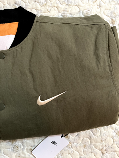 Pre-owned Nike Stüssy &  M Reversible Varsity Jacket Olive Green Orange Double Face Padded