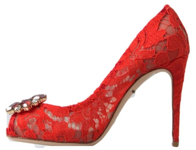 Pre-owned Dolce & Gabbana Dolce&gabbana Women Red Pumps Cotton Bend Floral Lace Peep Toe High Heel Shoes