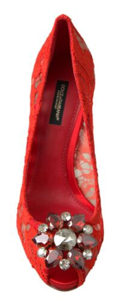 Pre-owned Dolce & Gabbana Dolce&gabbana Women Red Pumps Cotton Bend Floral Lace Peep Toe High Heel Shoes